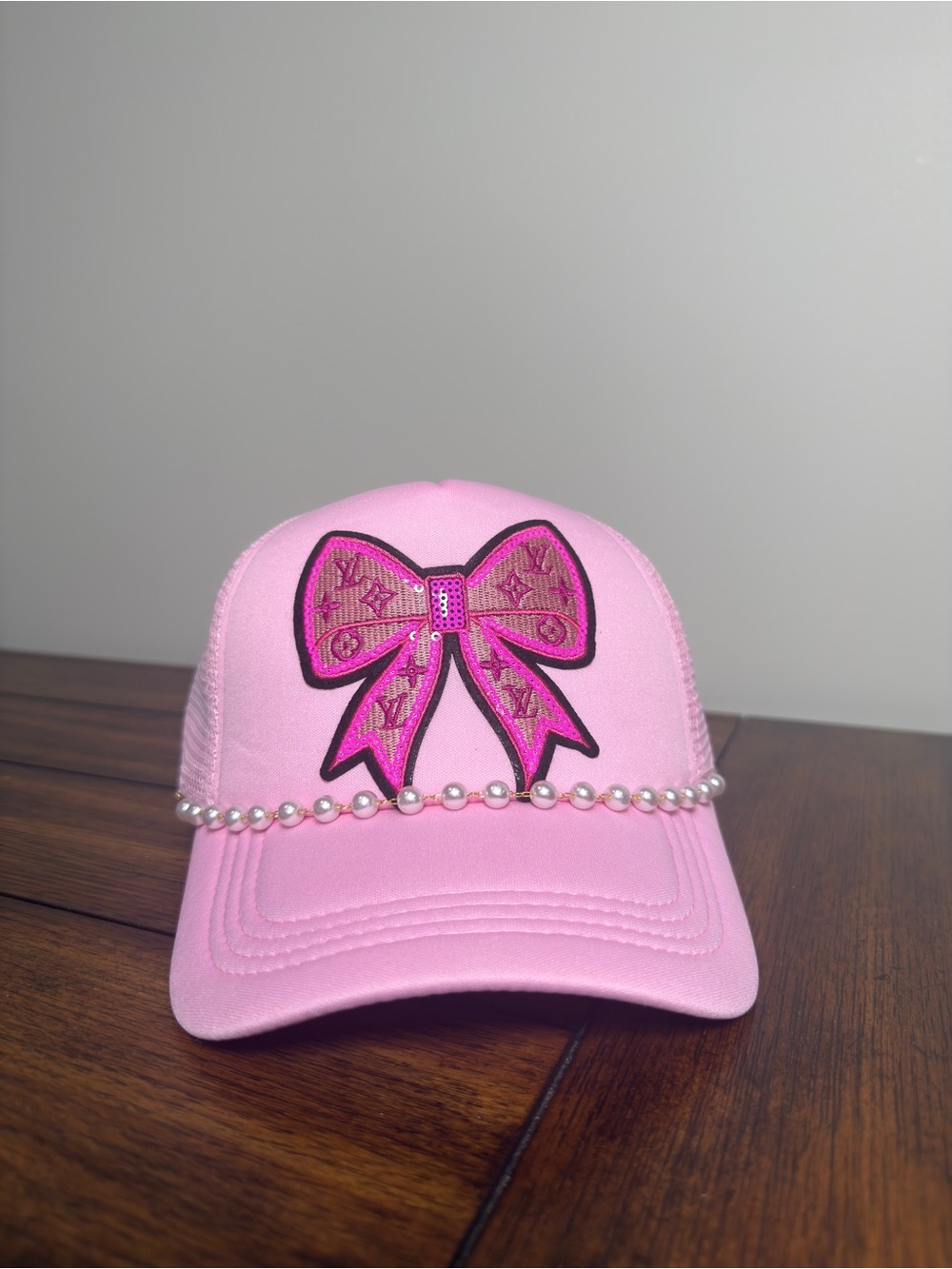Pink Trucker Hat Mesh Back Adjustable LV Bow Patch Pearl Accents